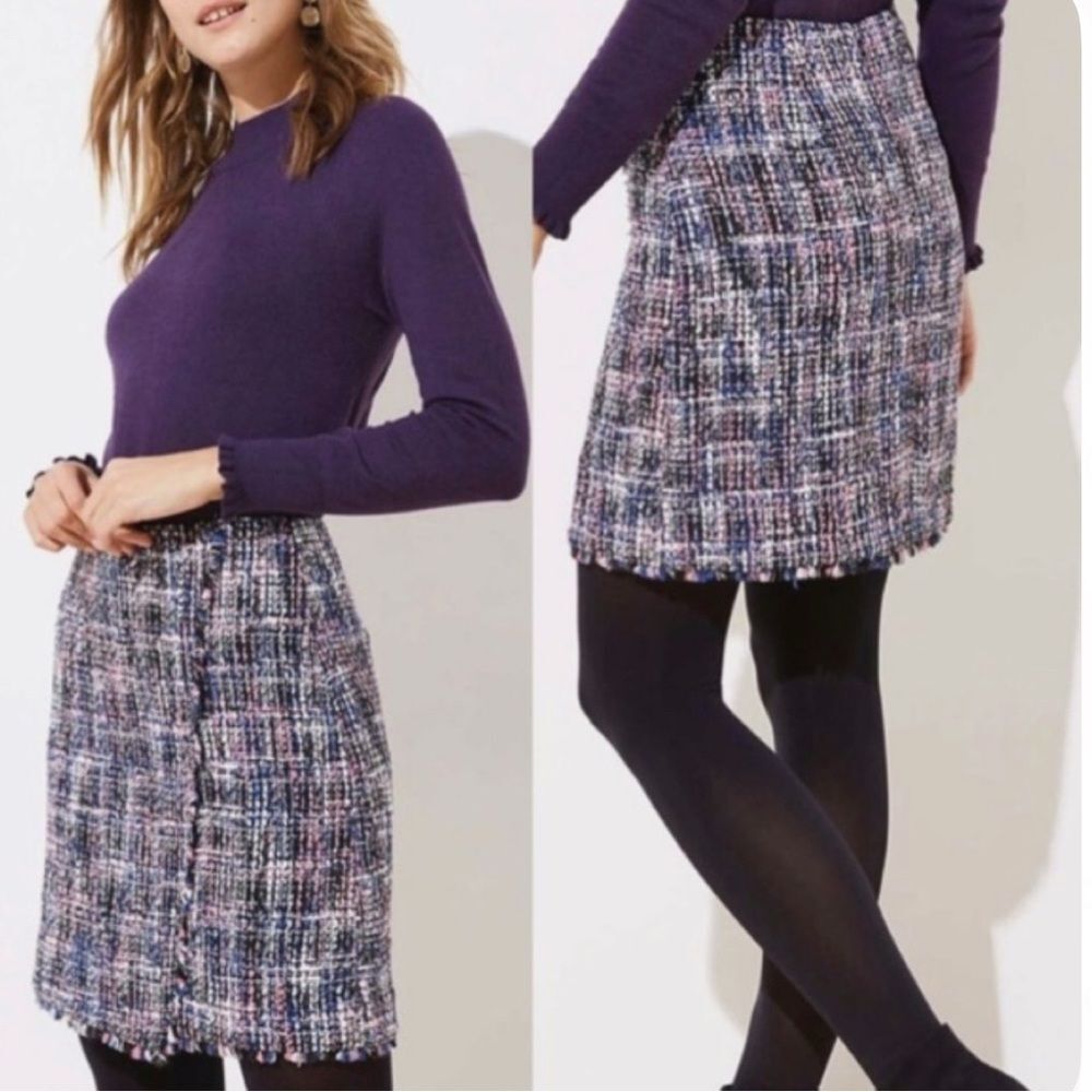Loft tweed faux wrap fringe detail skirt size 0